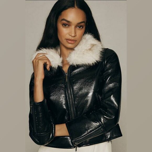 UNREAL FUR Vegan Leather Aviator Bomber Jacket Faux Fur Collar Full Zip Coat XL - Picture 15 of 15